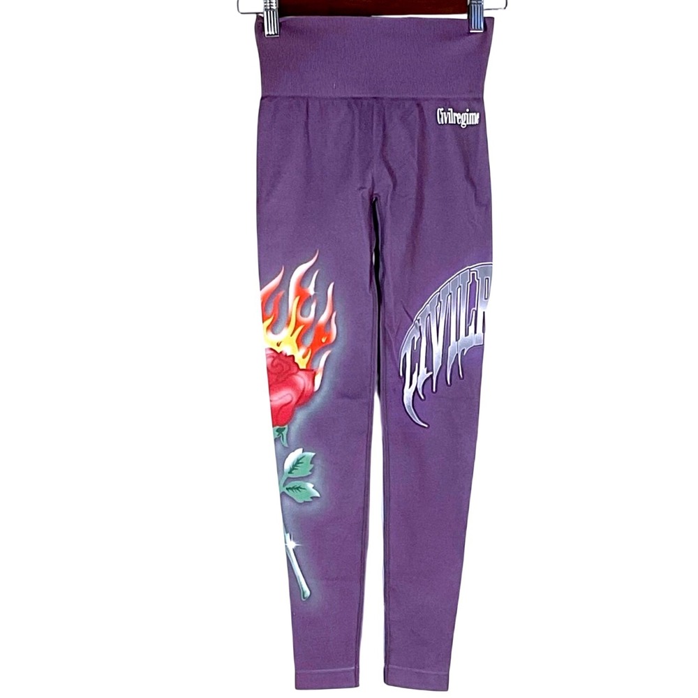 Civil Regime Purple Rose Flame Graphic Print‎ High Waist Leggings Womens Medium